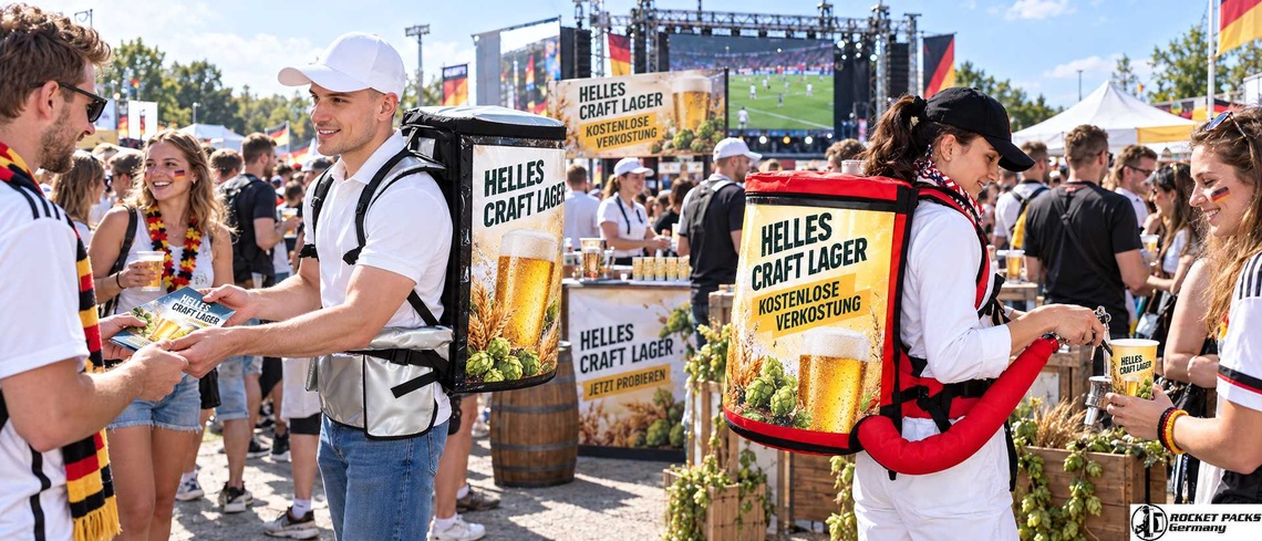 Bierverkostung in einer Fan-Zone mit mobilen Ausschanksystemen und direkter Ansprache der Besucher