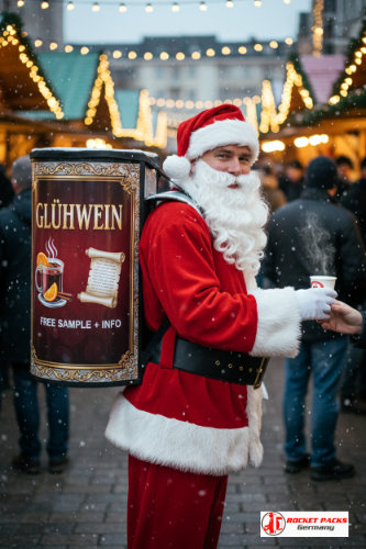 Mobile Glühwein-Kaffee Zapfanlage im Getränke-Rucksack auf dem Hamburger Weihnachtsmarkt, schnelle Bewirtung im Menschenstrom, heißer Ausschank ohne Warteschlangen, ideal für Wintercatering im Freien