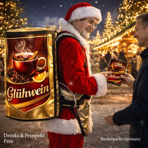 Mobile Glühwein-Zapfanlage im Getränke-Rucksack auf dem Hamburger Weihnachtsmarkt, schnelle Bewirtung im Menschenstrom, heißer Ausschank ohne Warteschlangen, ideal für Wintercatering im Freien