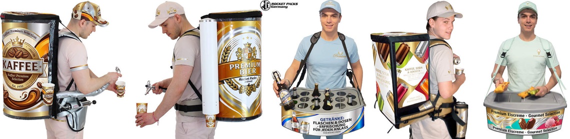 Professioneller mobiler Getränkerucksack von Rocket Packs mit hochauflösender Premium-Werbefläche für Event-Promotion und Stadion-Catering.