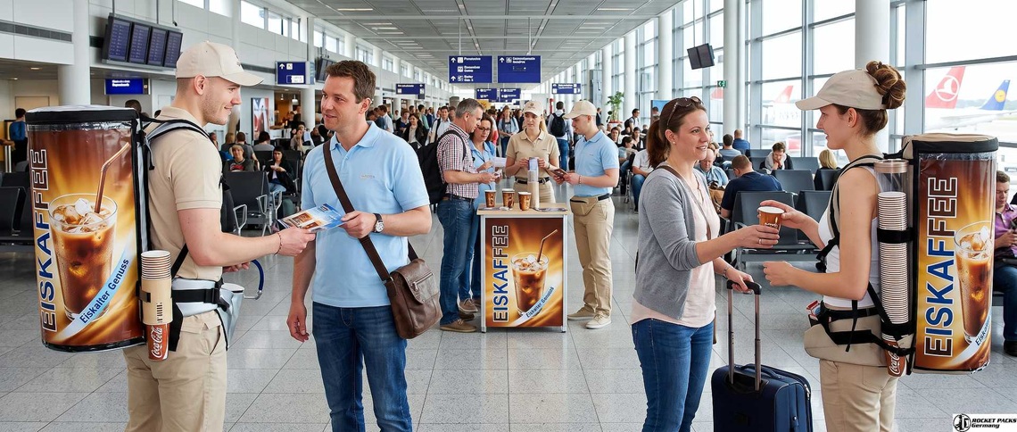 Eiskaffee Promotion mit Getränkerucksäcken im Flughafen und direkter Produktverteilung an Reisende