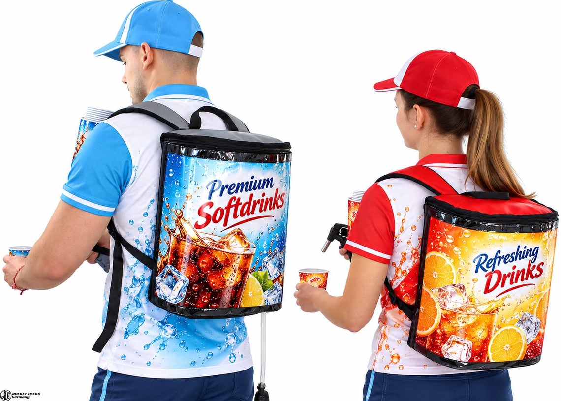 Promotion Getränkerucksack für Softdrink Sampling mit gebrandeten Promotern bei Events und Markenaktionen