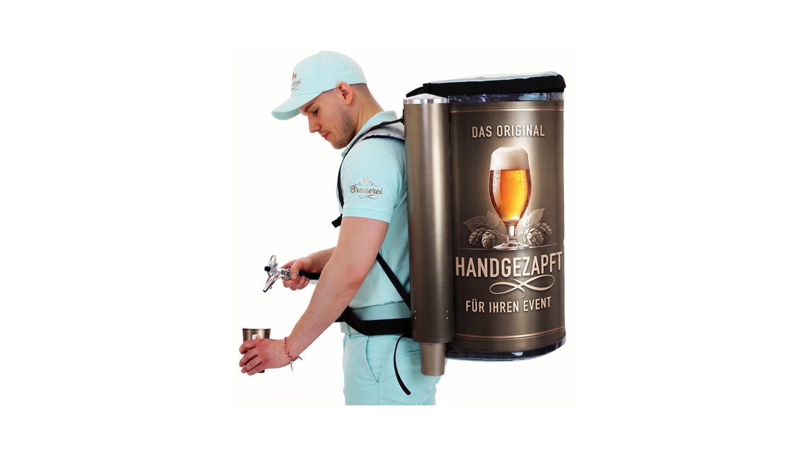 ragbarer Rucksack Dispenser für frisch gezapfte Getränke und Spezialitäten im mobilen Außeneinsatz.